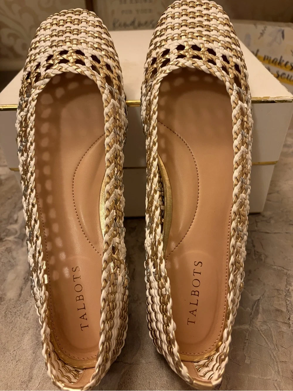 Talbots Woven Ballet Flats in White and Gold Metallic